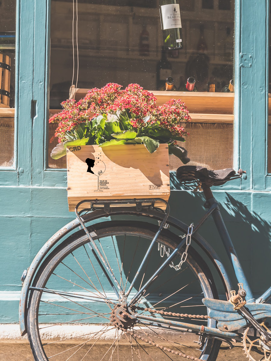 velo TDPF wine tranfert black bicycle with flowers on the window